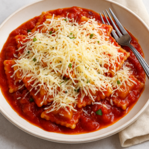 Beef Ravioli in Tomato Sauce & Cheese