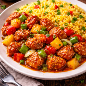 Sweet and Sour Pork with Yellow Rice