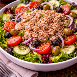 Tuna Sunrise Salad with Olives, Onion, Lettuce, and Tomato