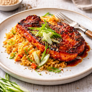 Glazed Pork Chops with Veggie Rice
