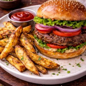 Hamburger and Roasted Fries