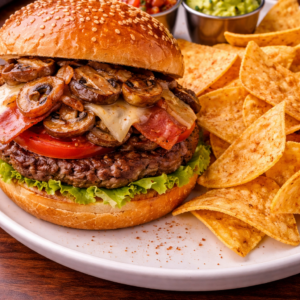 Loaded Mushroom Hamburger with Tortilla Chips