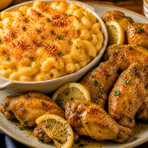 Mac & Cheese with Lemon Chicken Wings