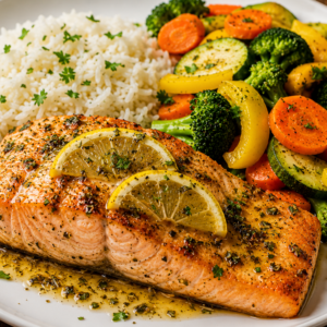 Lemon Herb Salmon with White Rice and Mixed Veggie